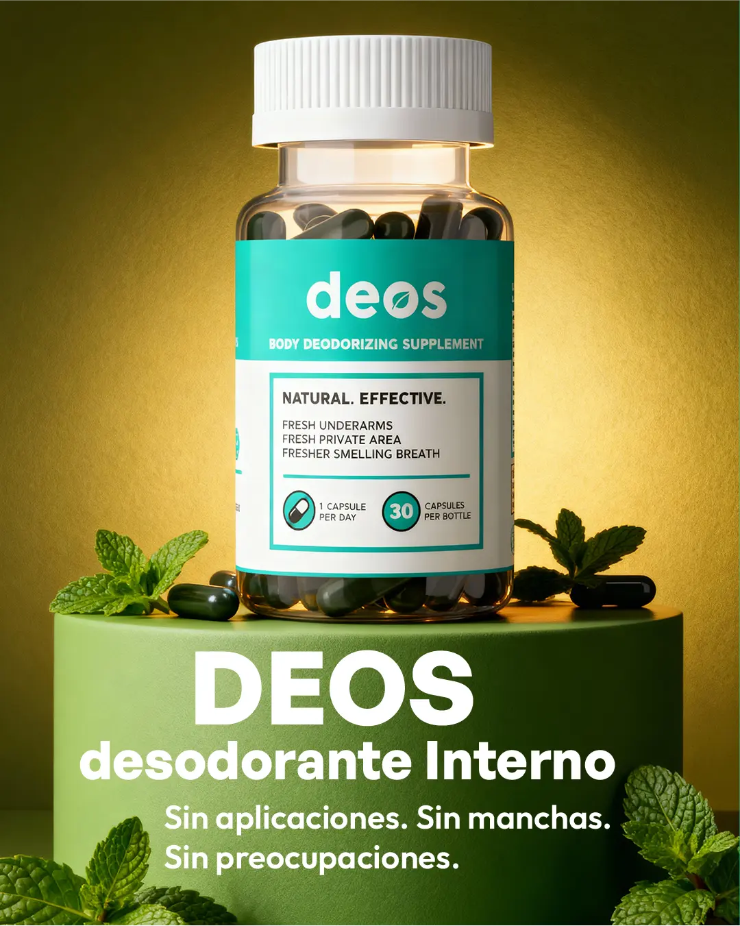 DEOS suplemento desodorante en frasco, desodorante interno eficaz y natural, 30 cápsulas para eliminar olores.