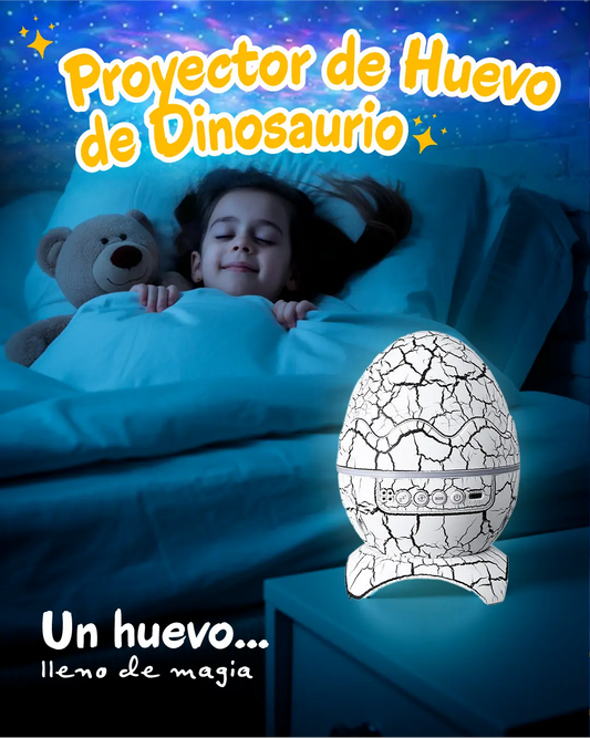 Proyector de huevo de dinosaurio iluminando una habitación con luces LED mientras un niño duerme.