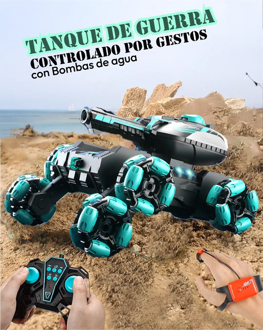 Tanque Acrobático con Sensores de Movimiento. disparando bolas de hidrogel en terreno rocoso, diseñado para maniobras extremas y juego interactivo.