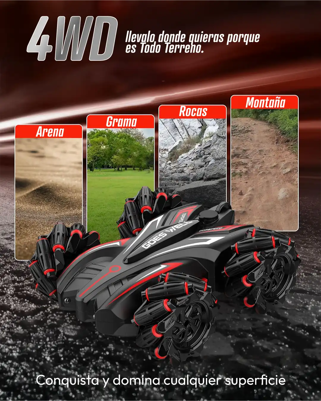Carro Indestructible con sensor de movimientos 4WD para conquistar cualquier superficie: arena, grama, rocas y montaña.