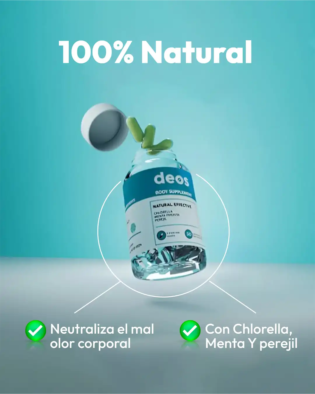 DEOS suplemento desodorante 100% natural que neutraliza el mal olor corporal con ingredientes como clorofila y perejil.