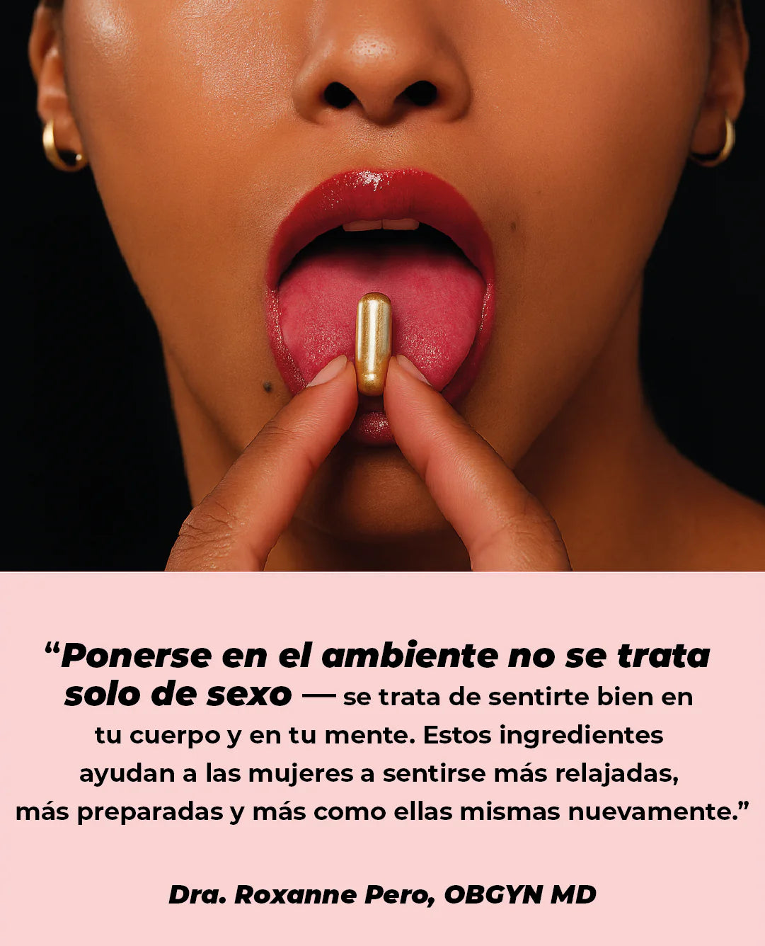 URO Intimo Moisture + Mood Mujer sosteniendo cápsula en la boca con cita inspiradora sobre bienestar y salud íntima.