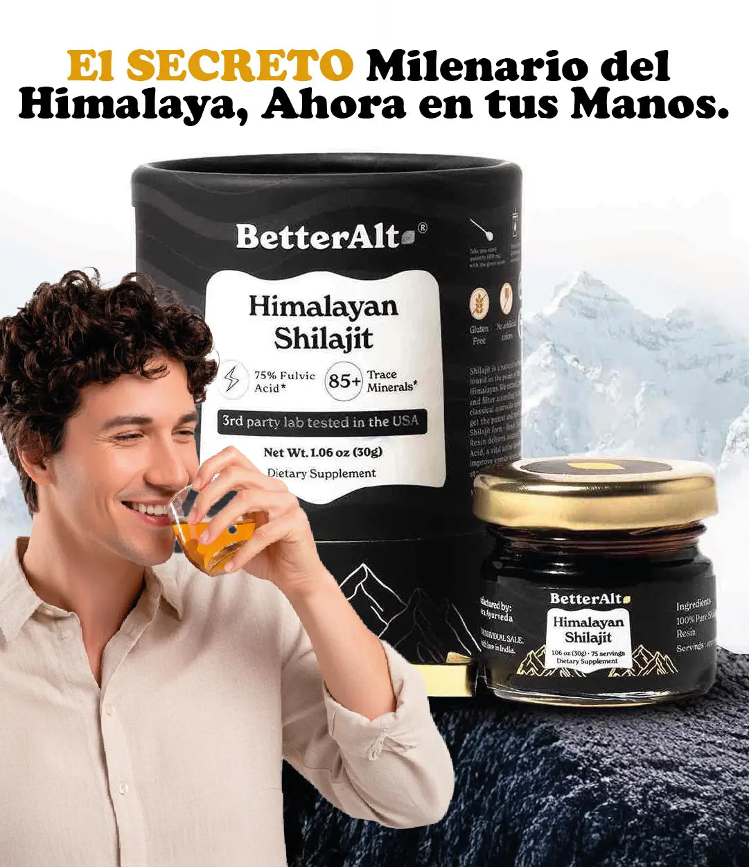 Shilajit Himalayan Original en presentación de suplemento, brindando energía y vitalidad natural.