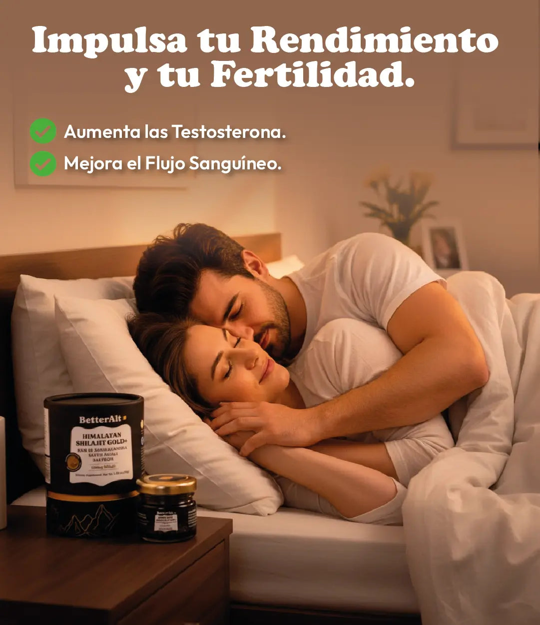 Shilajit Himalayan Original en pareja disfrutando de energía, fuerza y vitalidad natural en la cama.