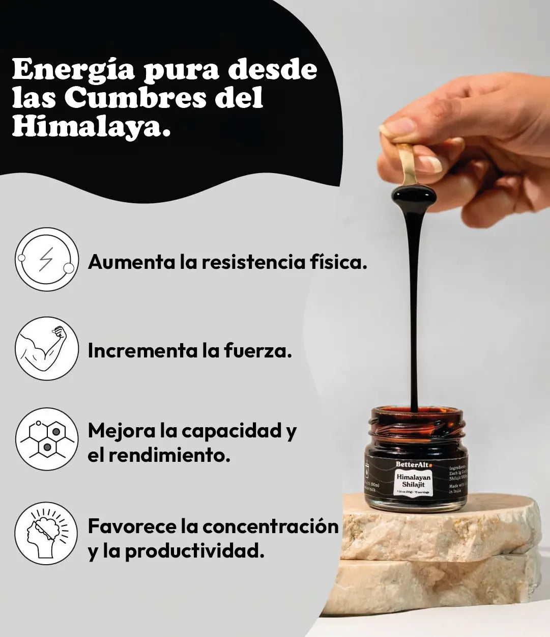 Shilajit Himalayan Original en frascos, ofreciendo energía y vitalidad desde el Himalaya.